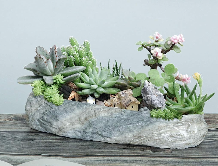 Succulent Pot Ceramic 24CM Rectangle Marbling Irregular, Faux Rock Style Plant Bowl