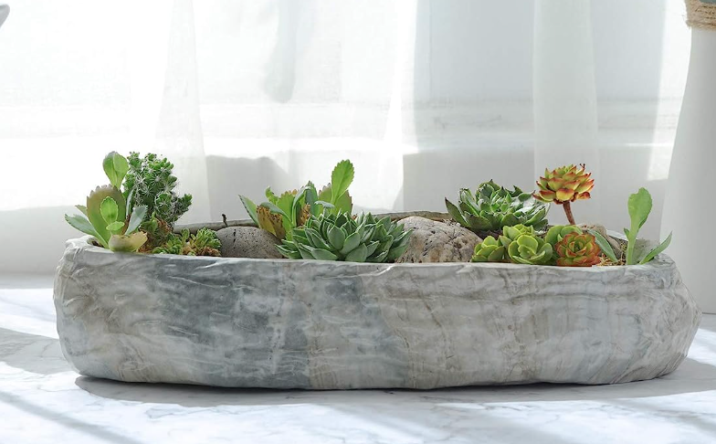 Succulent Pot Ceramic 24CM Rectangle Marbling Irregular, Faux Rock Style Plant Bowl