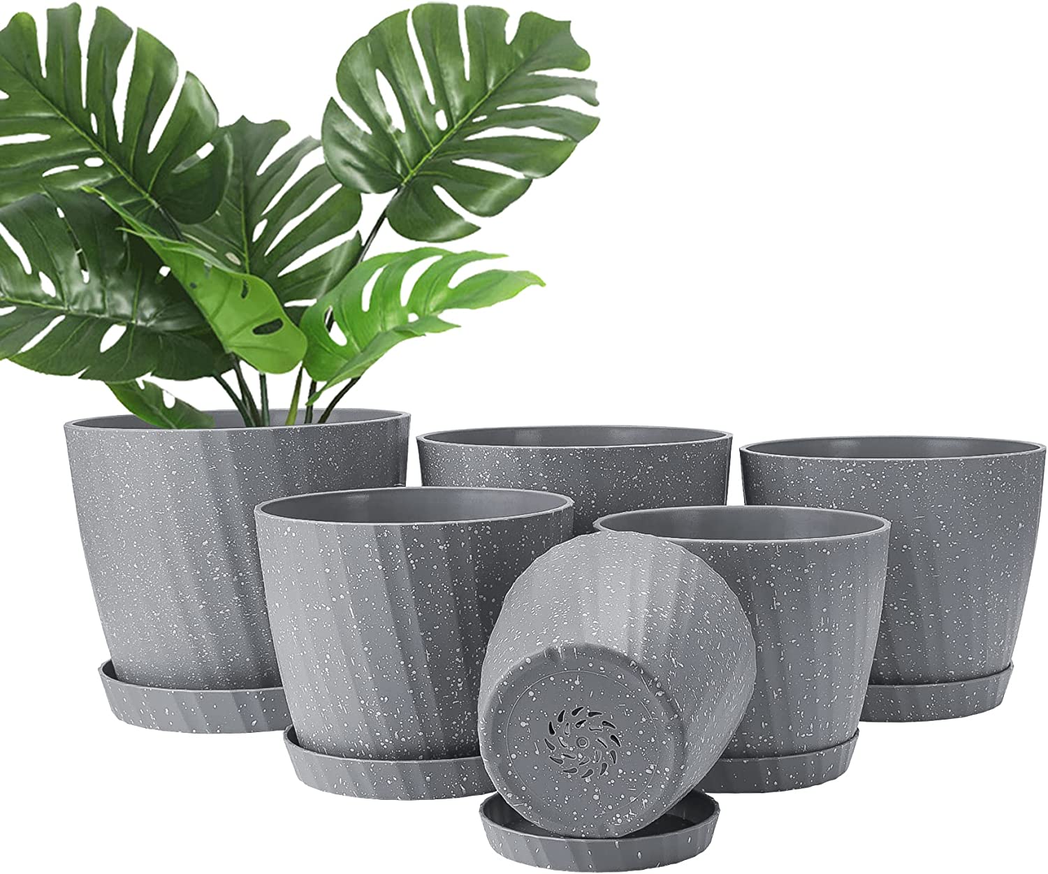 8 Pack Plant Pots Indoor, 19/17.5/16.5/16/14/13/11.5/10cm Stripe Grooves Plastic Flower Pots Grey