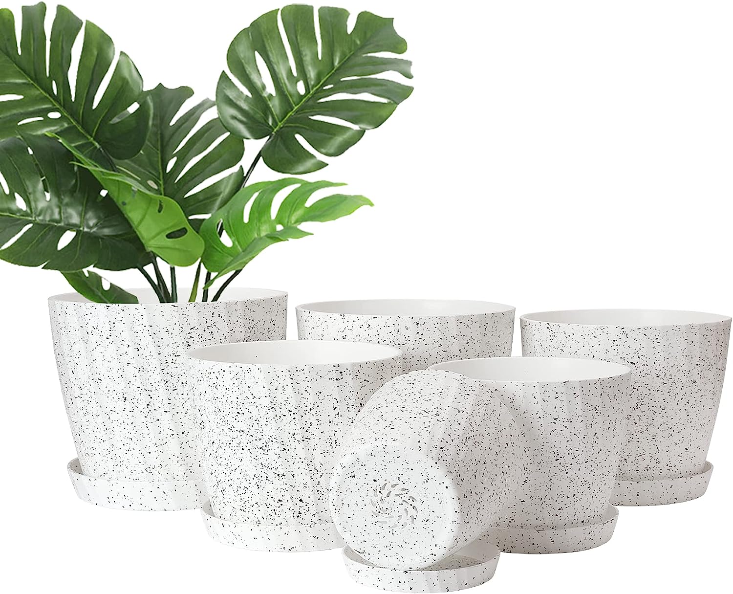 8 Pack Plant Pots Indoor, 19/17.5/16.5/16/14/13/11.5/10cm Stripe Grooves Plastic Flower Pots White Pebble Dash