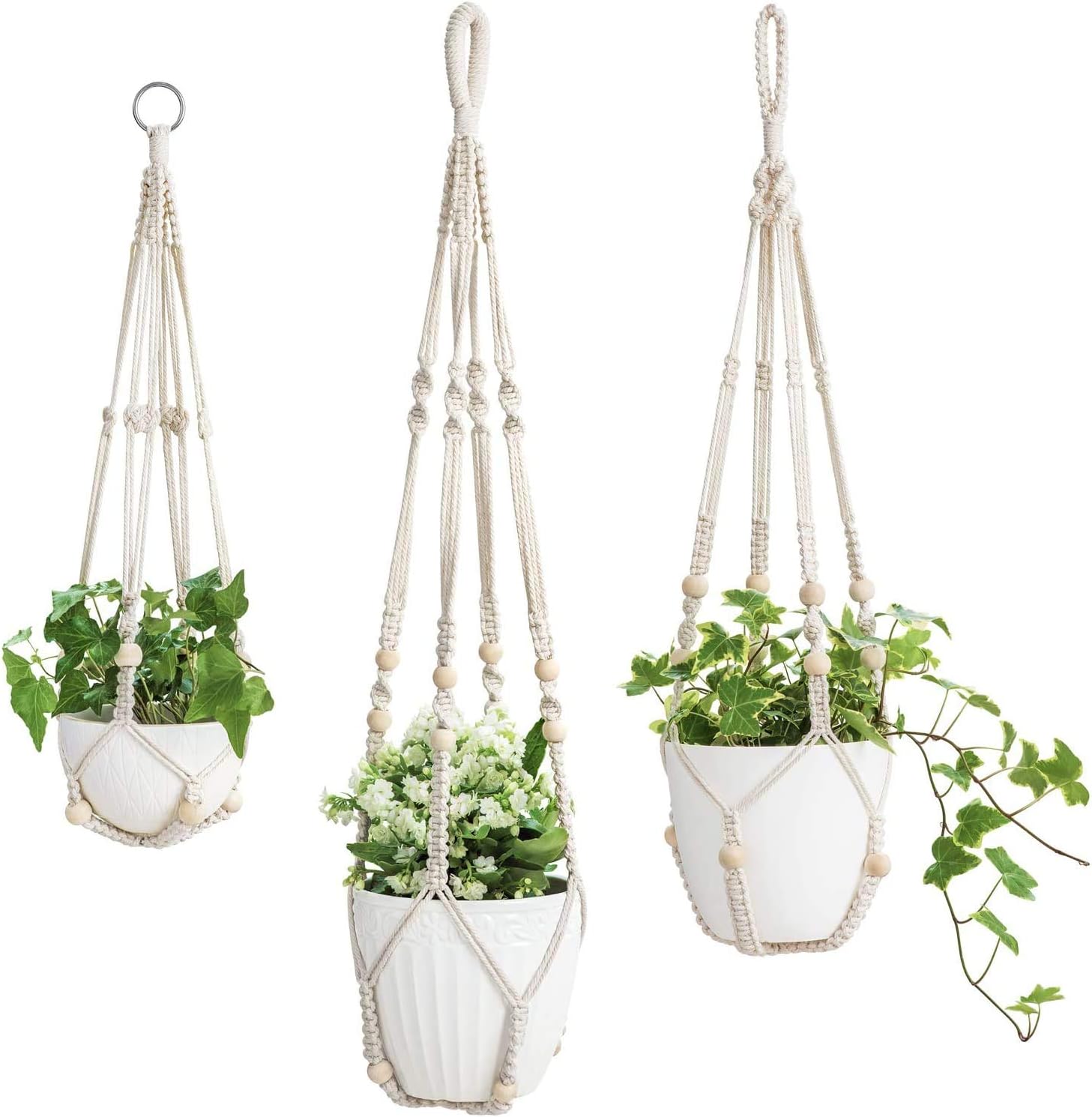 3 Pack Macrame Plant Hangers Indoor Hanging Planter Basket Flower Pot Holder Cotton Rope with Beads No Tassels, 58cm/73cm/89cm